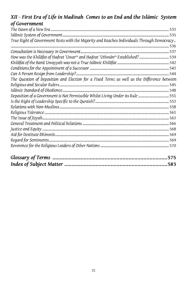 Table of contents page for a book on Islamic governance and leadership.