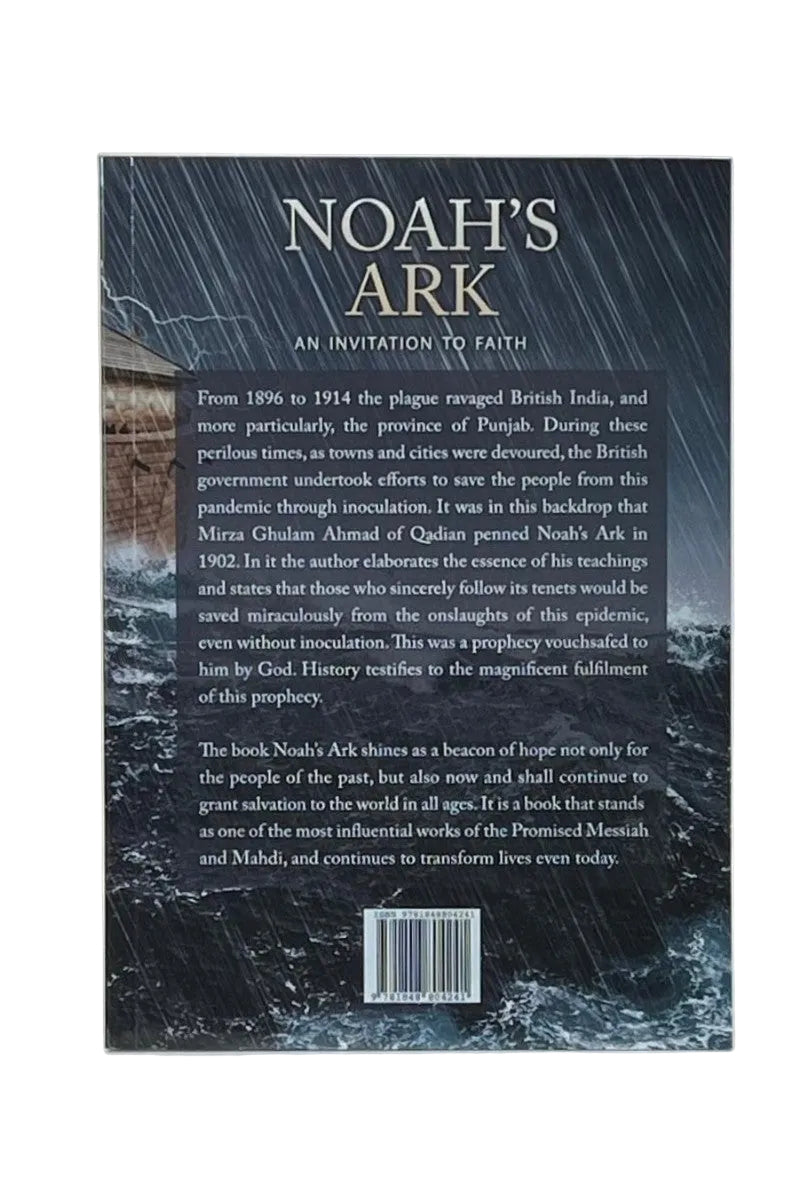 Back cover of a book titled 'Noah's Ark' with text and a barcode on a white background