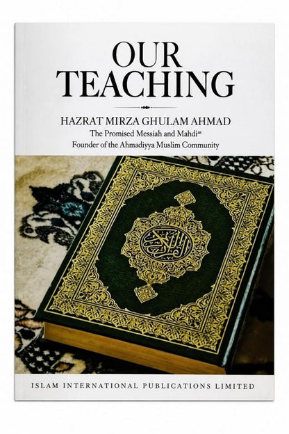 Book cover with a decorative text and design, featuring 'Our Teaching' by Hazrat Mirza Ghulam Ahmad.