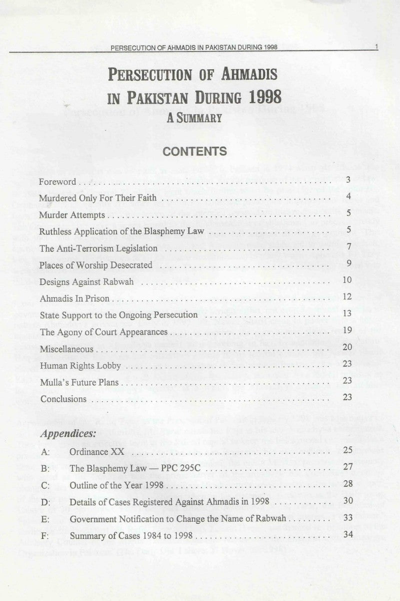 Table of contents for a document titled 'Persecution of Ahmadis in Pakistan During 1998' with black text on a white background.
