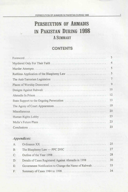 Table of contents for a document titled 'Persecution of Ahmadis in Pakistan During 1998' with black text on a white background.