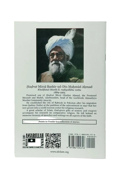 Back cover of a book titled 'Hadrat Mirza Bashir-ud-Din Mahmud Ahmad' published by Anarkali Press, featuring a portrait of the subject in a white turban and extensive text on a white background.