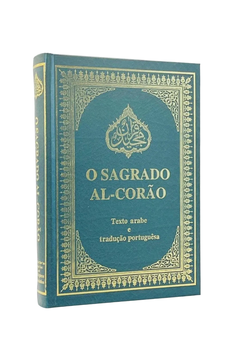 Blue book titled 'O Sagrado Al-Corão' with gold text on a white background