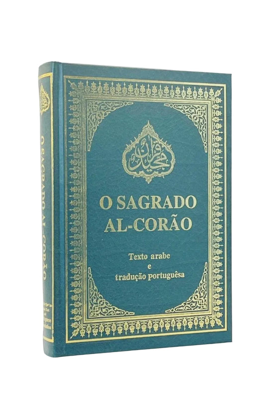 Blue book titled 'O Sagrado Al-Corão' with gold text on a white background