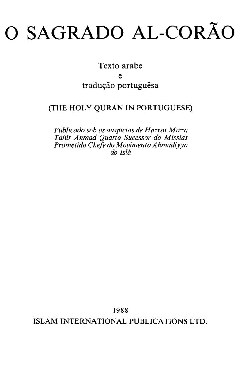 Cover of 'O Sagrado Al-Corão' with text in Portuguese and Arabic, published by Islam International Publications Ltd.