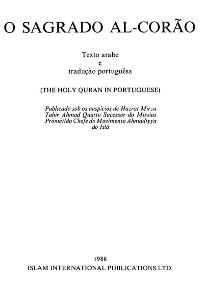 Cover of 'O Sagrado Al-Corão' with text in Portuguese and Arabic, published by Islam International Publications Ltd.