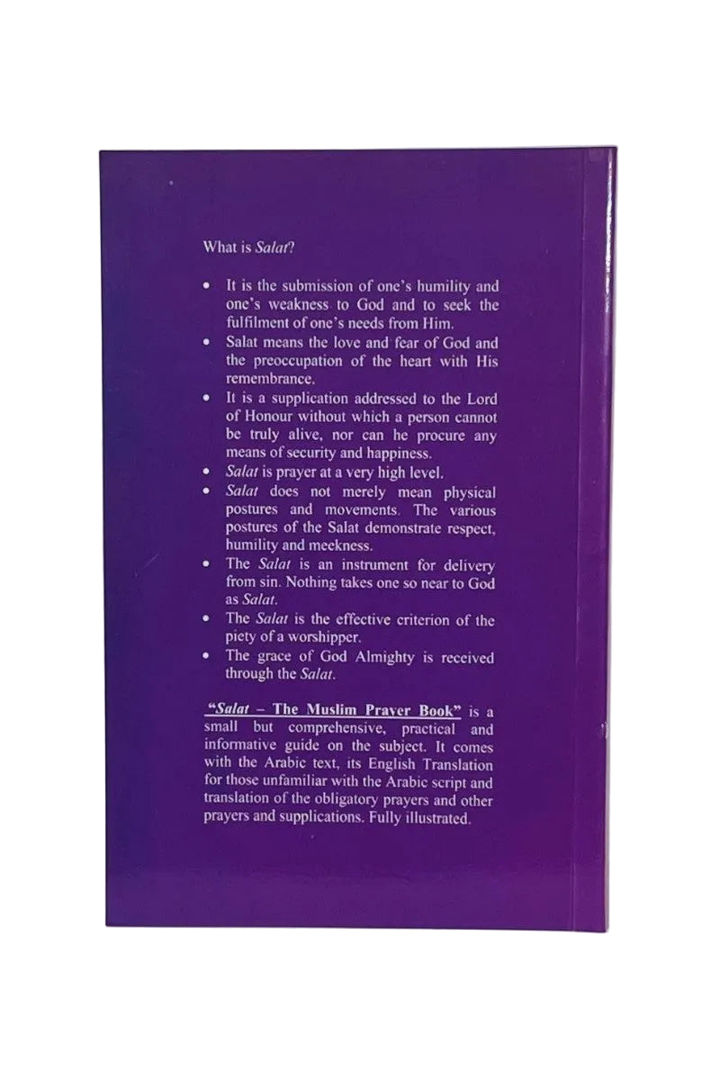 The back cover of a purple book titled 'Salat - The Muslim Prayer Book' showing white text on a solid purple background.