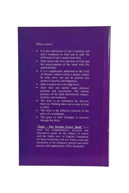 The back cover of a purple book titled 'Salat - The Muslim Prayer Book' showing white text on a solid purple background.