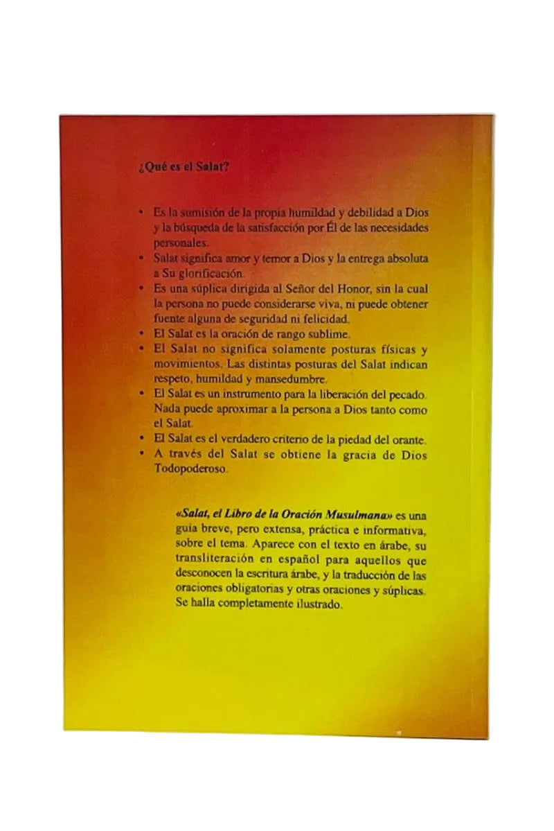 A Spanish-language prayer card or booklet page with a red-to-yellow gradient background and black printed text, photographed against a plain white background.