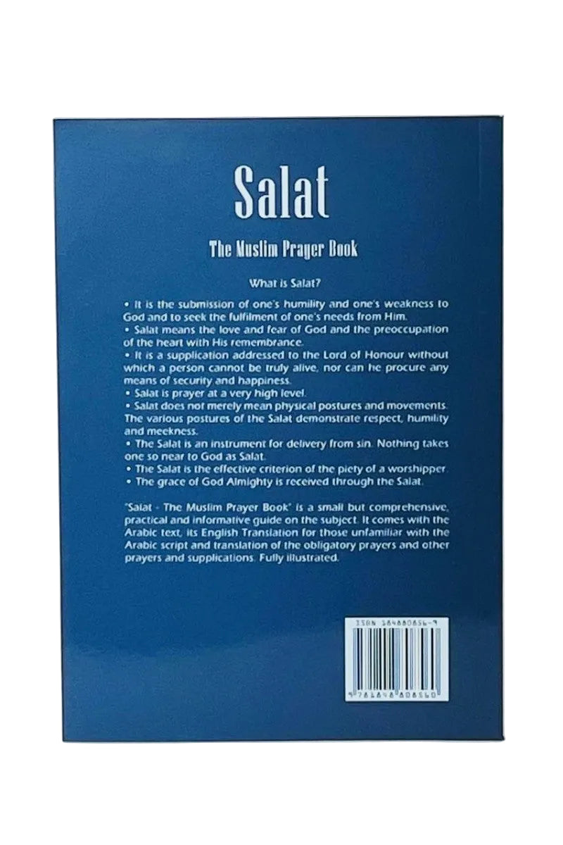 The back cover of a blue book titled 'Salat: The Muslim Prayer Book' with a white barcode at the bottom right, photographed against a light gray background.