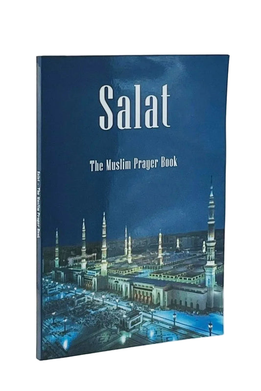The Muslim Prayer Book (Salat) with a dark blue cover featuring an illuminated mosque at night and the title 'Salat' in large white letters.