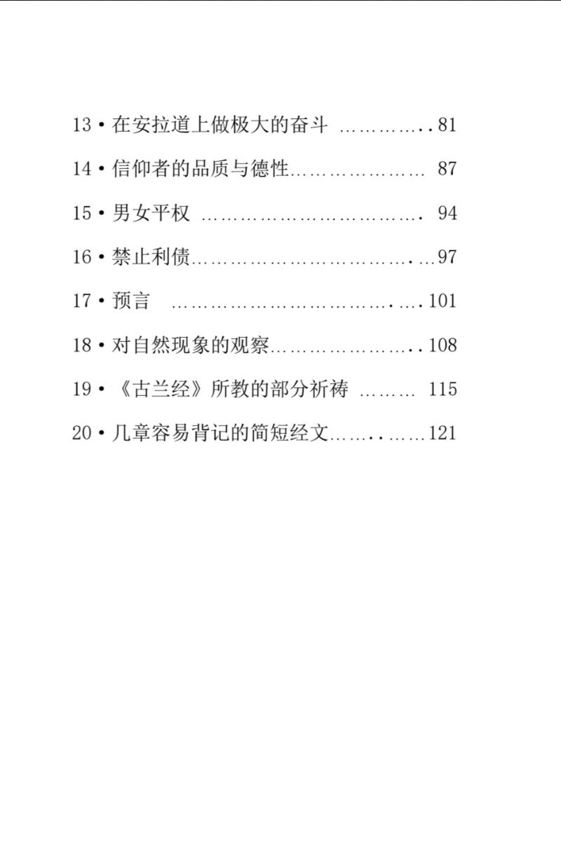 A printed page showing a table of contents with Chinese text, numbered from 13 to 20, on a plain white background.
