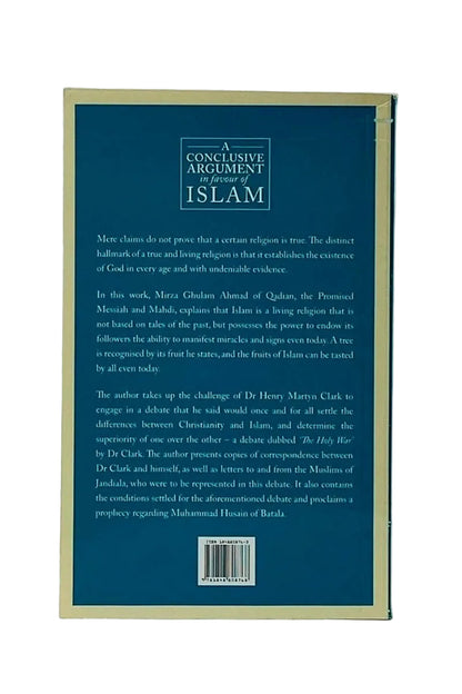 The back cover of a book titled 'A Conclusive Argument for the Islam' is shown against a light gray background. The cover features a dark teal-blue background with cream-colored text and a gold border, along with a barcode at the bottom.