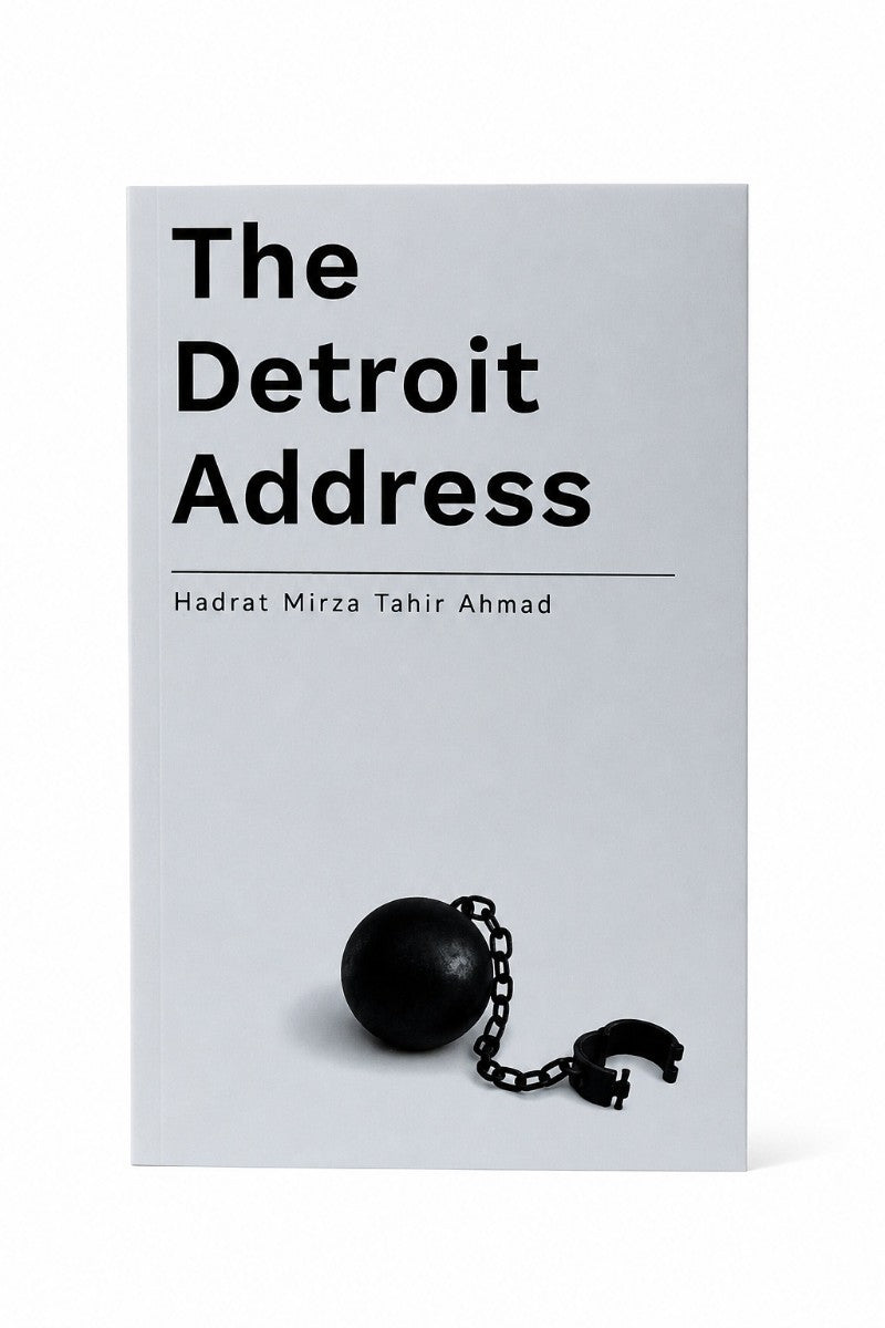 Book titled 'The Detroit Address' with a ball and chain on a light gray background