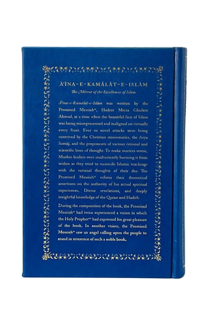 A blue hardcover book standing upright against a light gray background. The front cover features a decorative gold border and a block of English text printed in black.
