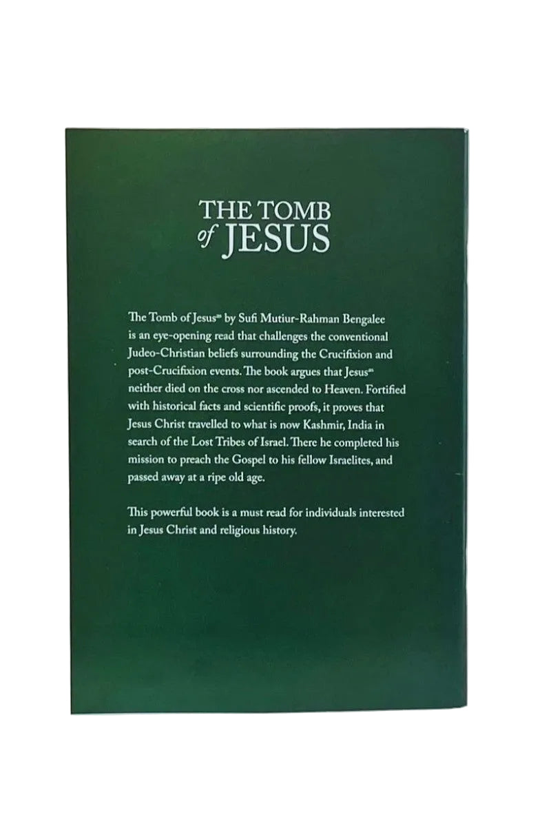 The back cover of a book titled 'The Tomb of Jesus' by Saff Murtugh Rahman Bengali, shown standing upright against a plain white background.