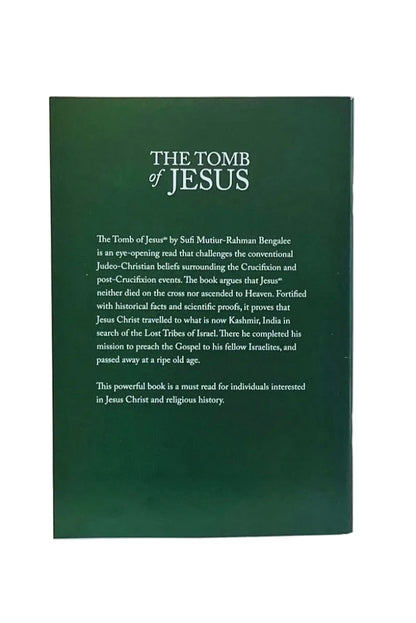 The back cover of a book titled 'The Tomb of Jesus' by Saff Murtugh Rahman Bengali, shown standing upright against a plain white background.