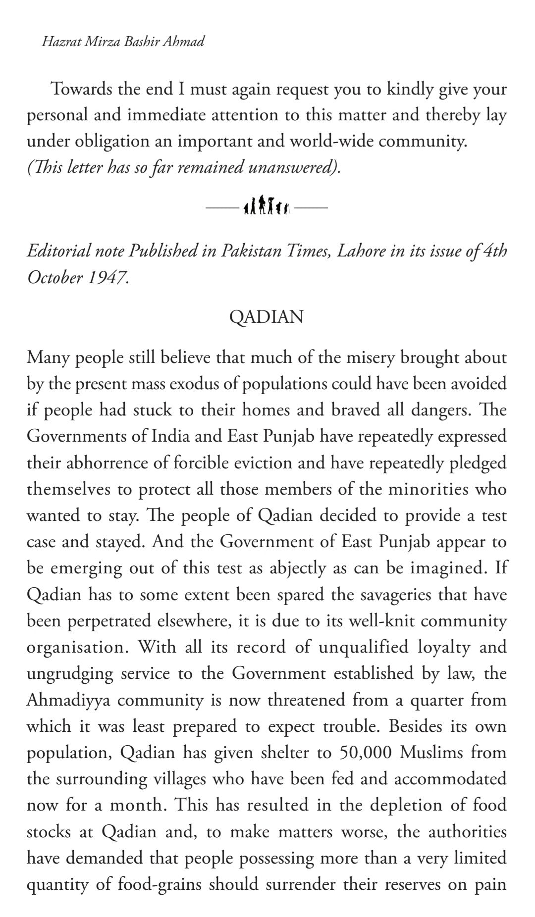 Text document with a letter and editorial note from Pakistan Times, Lahore, dated October 4, 1947.