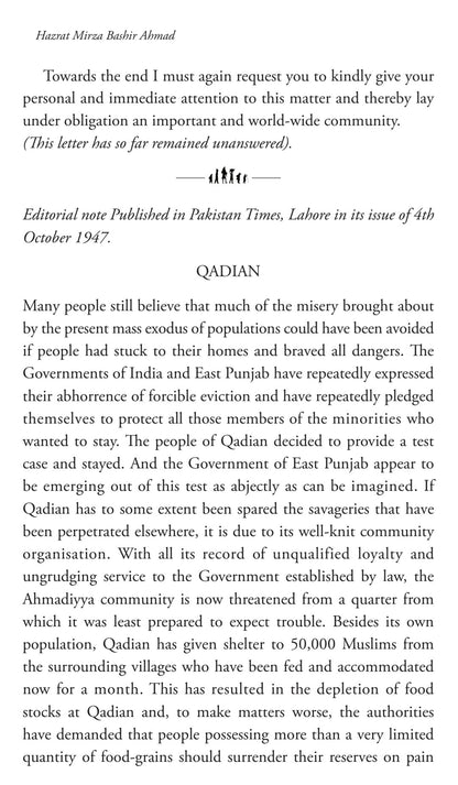 Text document with a letter and editorial note from Pakistan Times, Lahore, dated October 4, 1947.