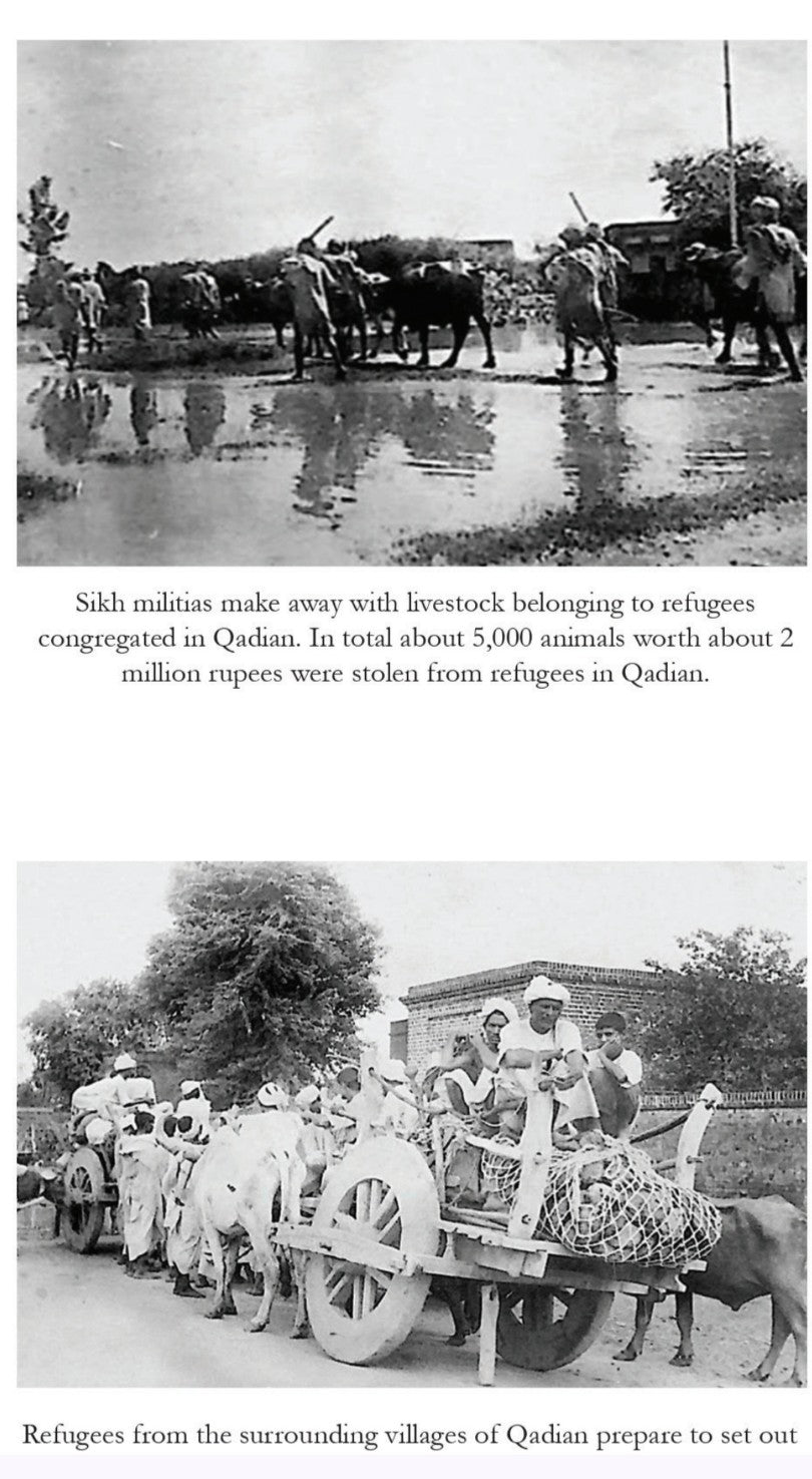 Black and white photos showing Sikh militiamen with livestock and refugees with a cart in Qadian.