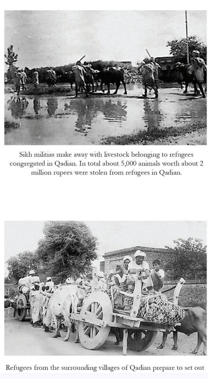 Black and white photos showing Sikh militiamen with livestock and refugees with a cart in Qadian.