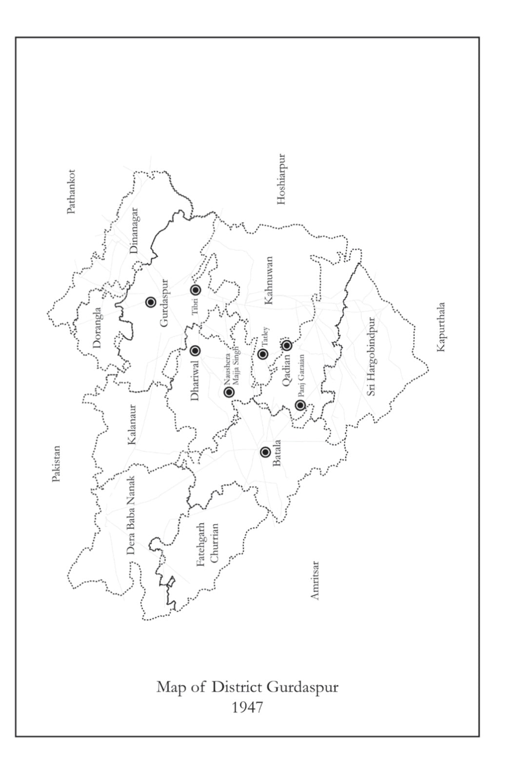 Map of District Gurdaspur from 1947 with labeled regions.