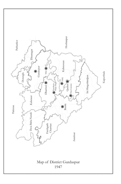 Map of District Gurdaspur from 1947 with labeled regions.