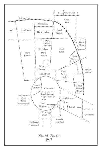Map of Qadian from 1947 showing various locations and landmarks.