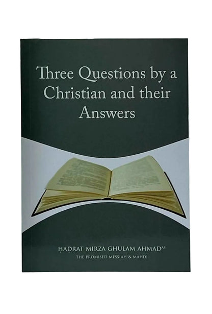 Book cover with 'Three Questions by a Christian and their Answers' text and an open book illustration.