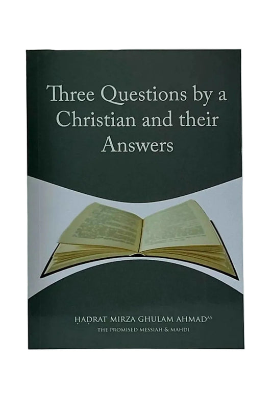 Book cover with 'Three Questions by a Christian and their Answers' text and an open book illustration.