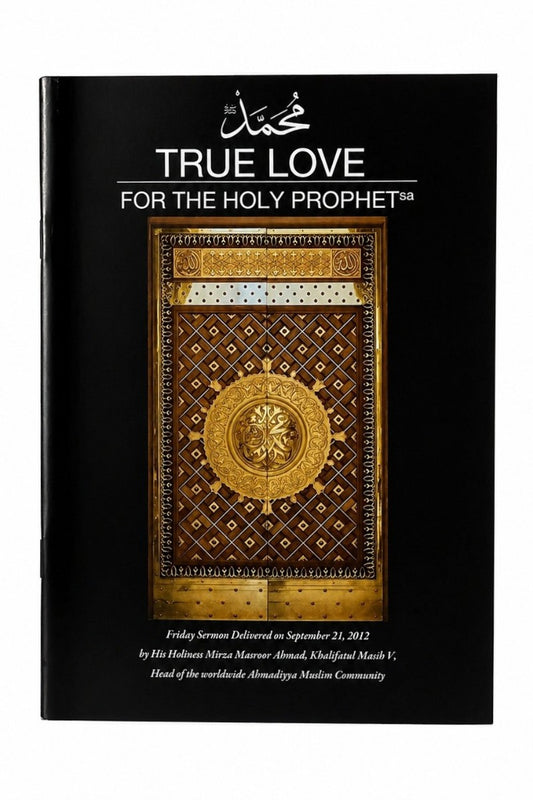Book titled 'True Love for the Holy Prophet' with a black cover and gold design.
