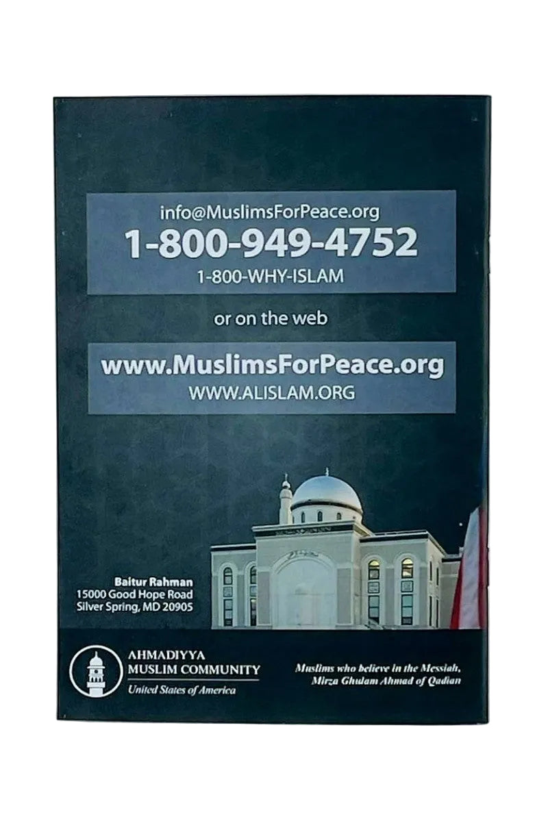 Brochure with contact information and a mosque image on a white background