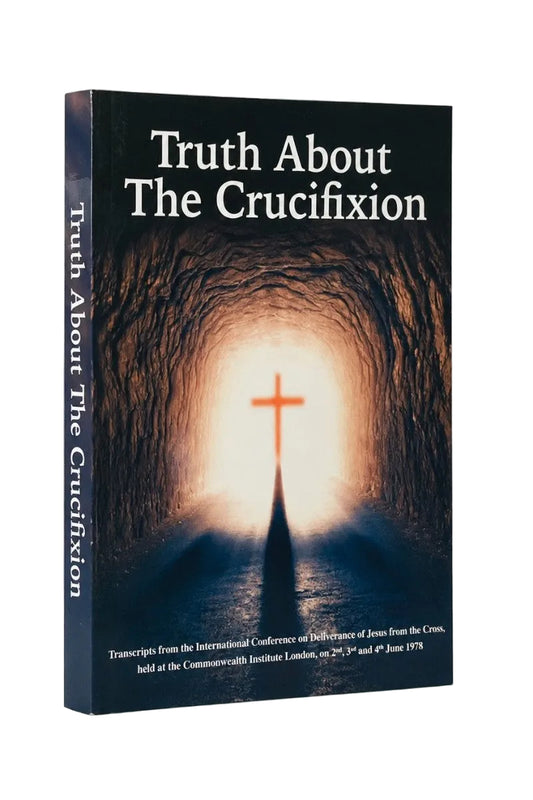 A hardcover book titled 'Truth About The Crucifixion' standing upright on a light gray background. The cover and spine show a dark tunnel scene with a glowing cross in the center.