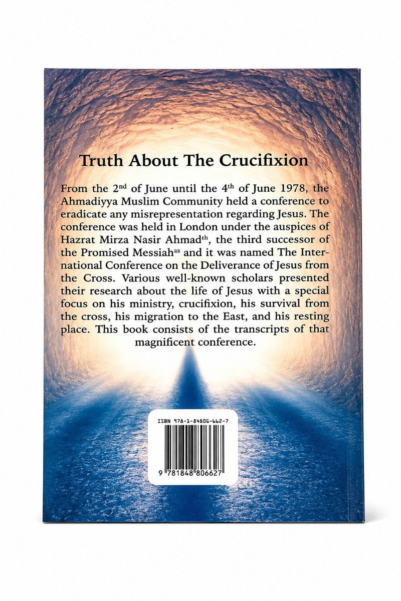 The back cover of a book titled 'Truth About The Crucifixion' showing a blue and brown textured background with a white barcode label at the bottom.