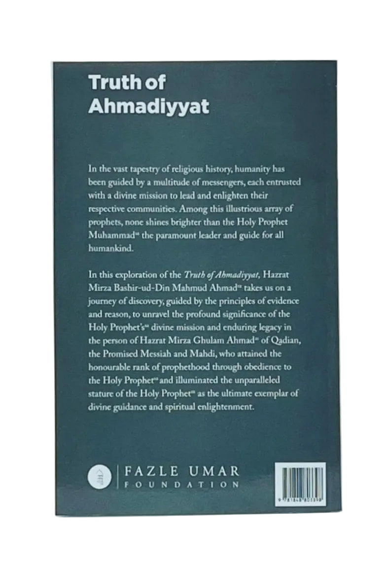 The back cover of the book 'Truth of Ahmadiyyat' by Fazle Umar Foundation, featuring a dark teal background with white text and a barcode.
