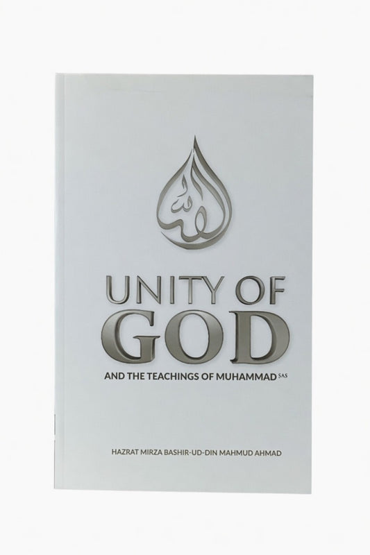 Book titled 'Unity of God and the Teachings of Muhammad' on a white background