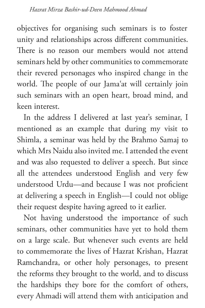 Text document with a passage about organizing seminars and attending events related to Ahmadiyya community leaders.