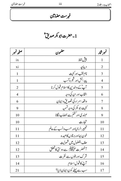 Table of contents of the book ashab-e-badar volume 2