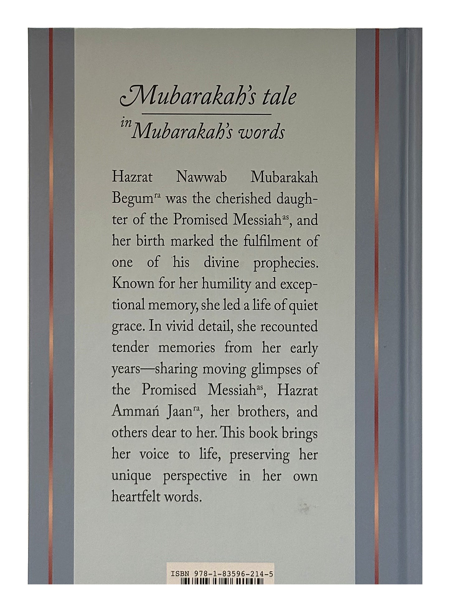 Book cover with text about Mubarakah's tale and her relationship to the Promised Messiah.