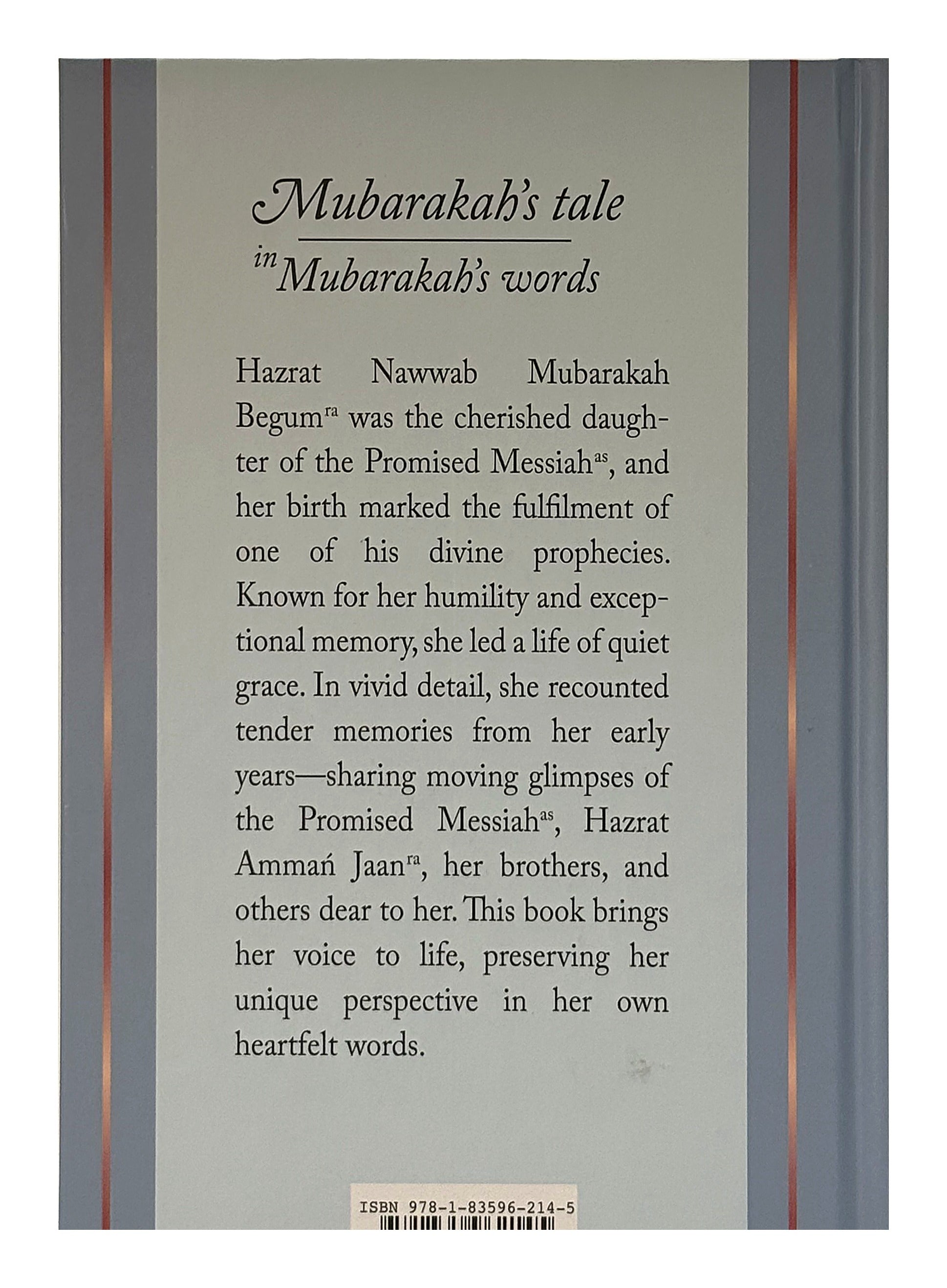 Book cover with text about Mubarakah's tale and her relationship to the Promised Messiah.