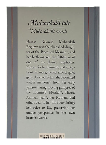 Book cover with text about Mubarakah's tale and her relationship to the Promised Messiah.