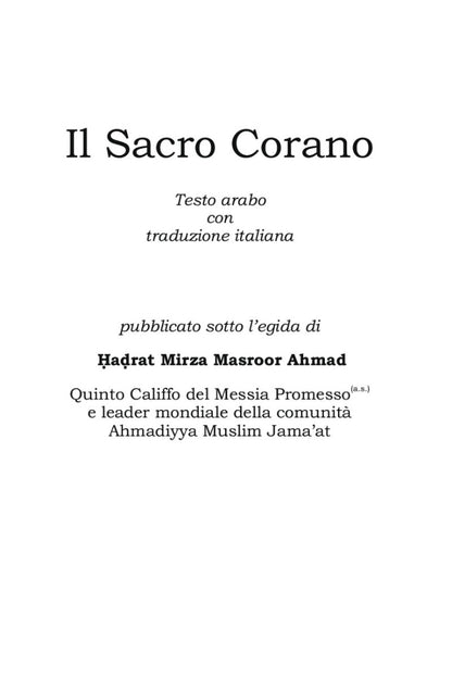 Title page of 'Il Sacro Corano' with Arabic text and Italian translation, published under the supervision of Mirza Masroor Ahmad.