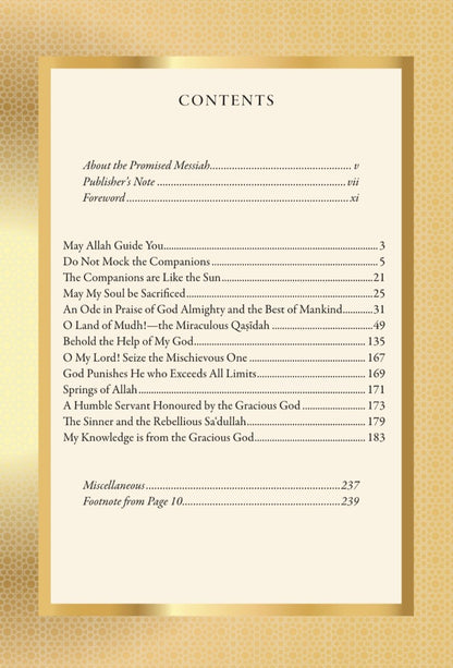 Table of contents page with a gold border on a beige background