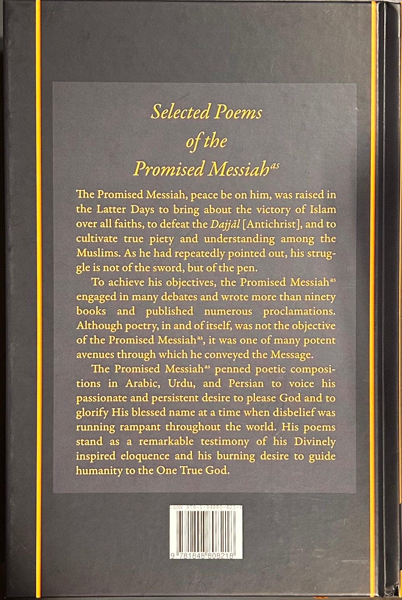 Back cover of a book titled 'Selected Poems of the Promised Messiah' with gold text on a dark background.